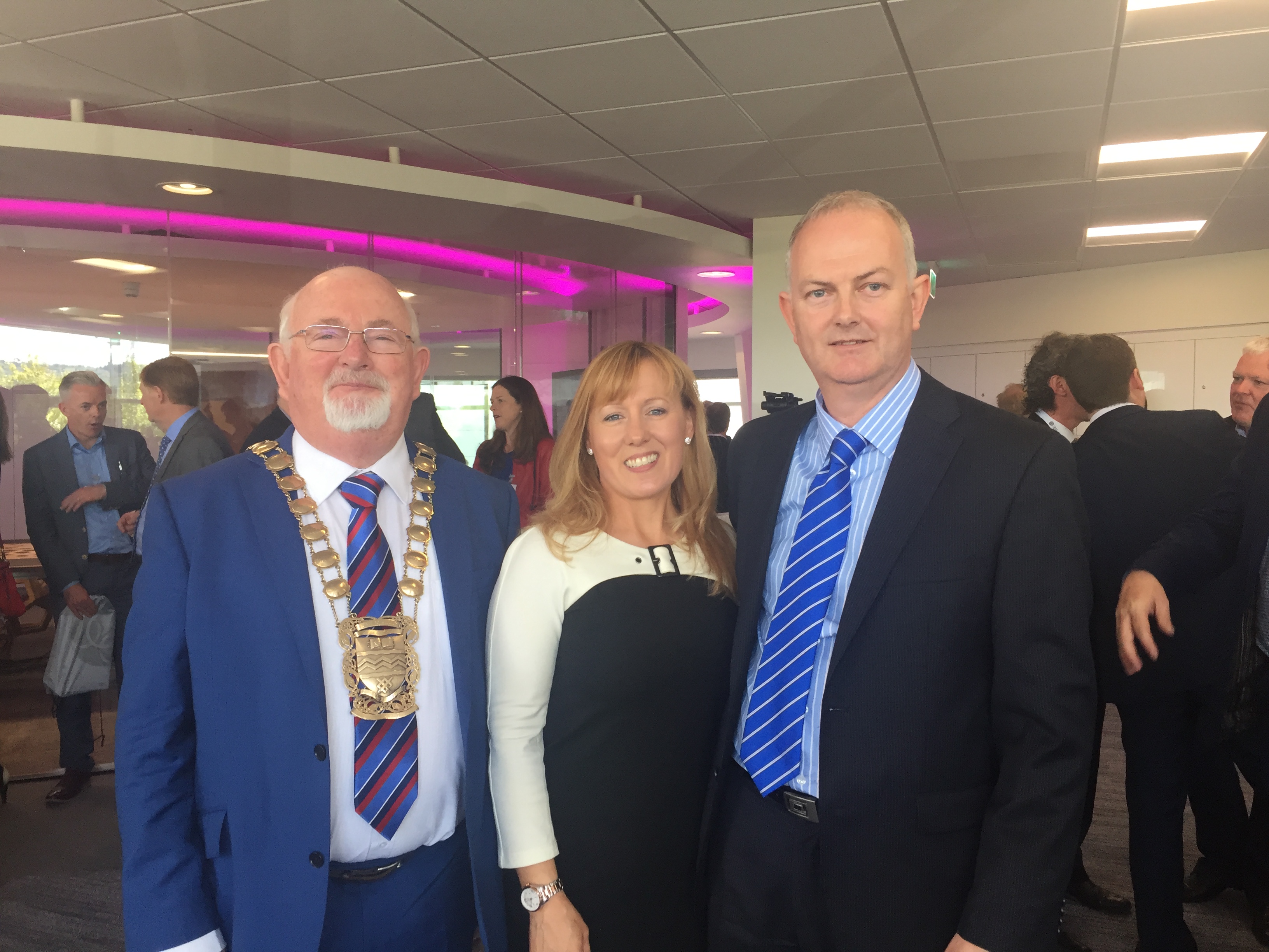 Cllr. Liona O'Toole with Mayor Guss O'Connell and Barry Kennedy CEO at the launch of company Irish Manufacturing Research