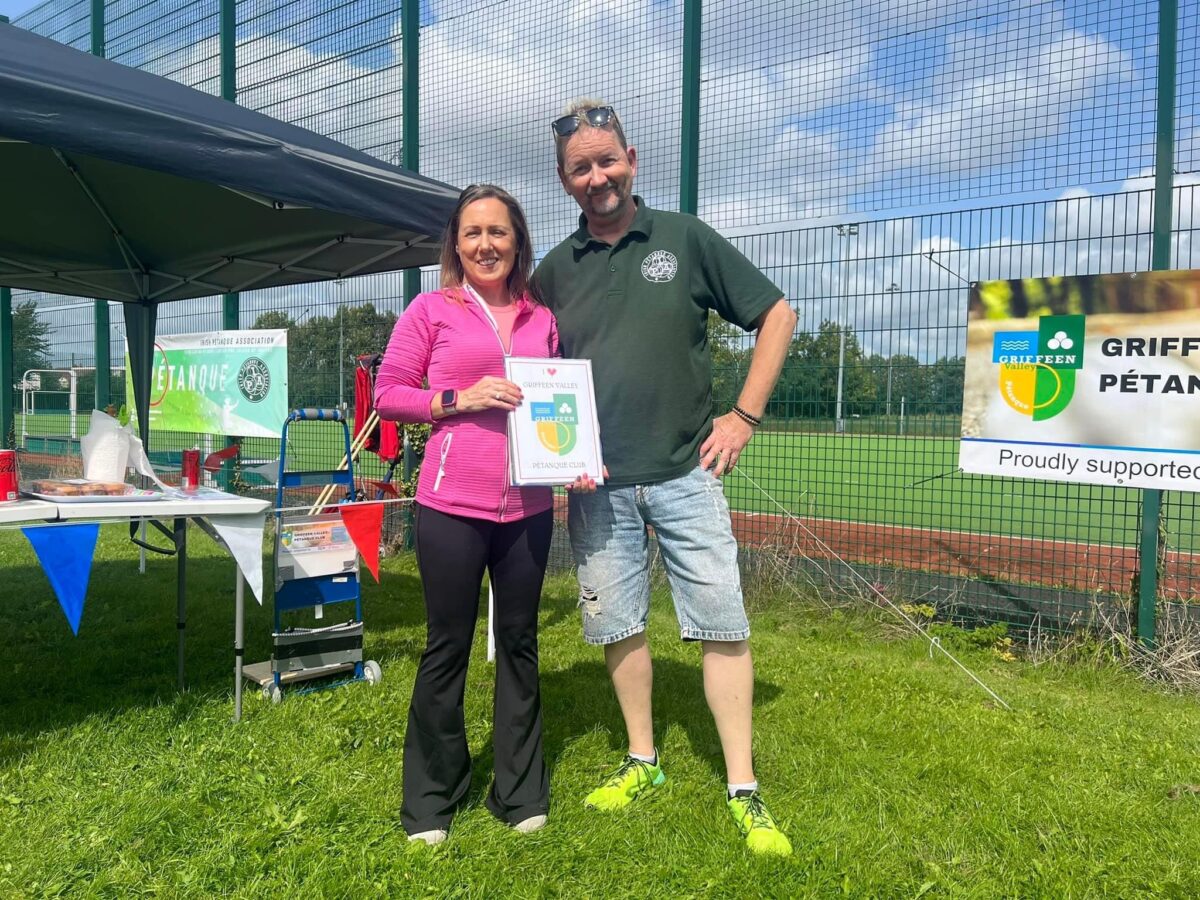 Cllr. Liona O'Toole with Owen Kelleher, Founder of Griffeen Valley Petanque Club